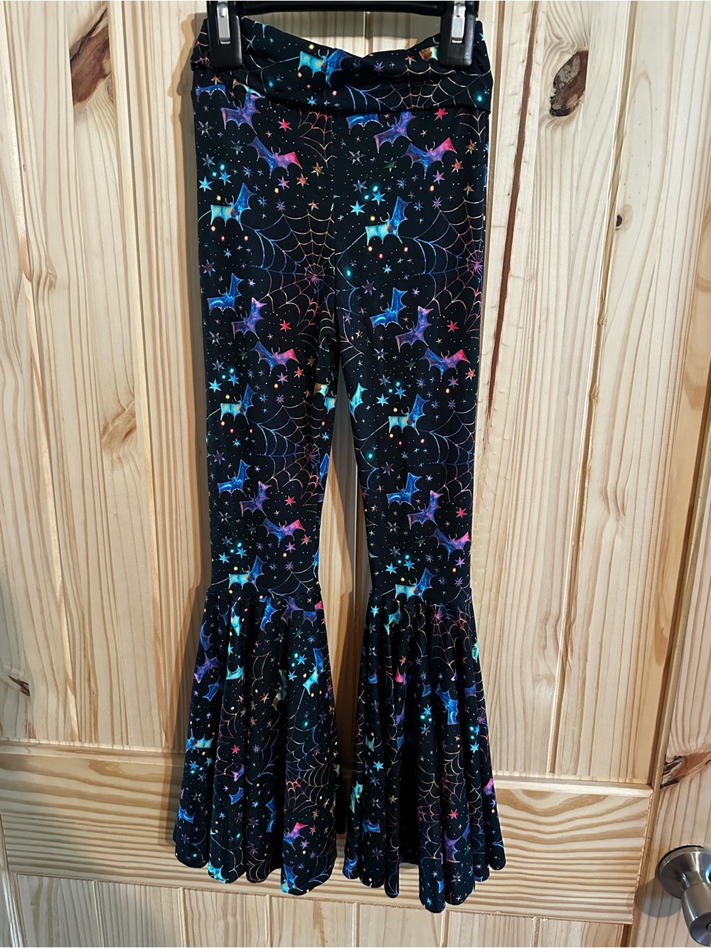 Handmade Girls Black Ruffle Hem bellbottoms with Neon Bat & Star Print